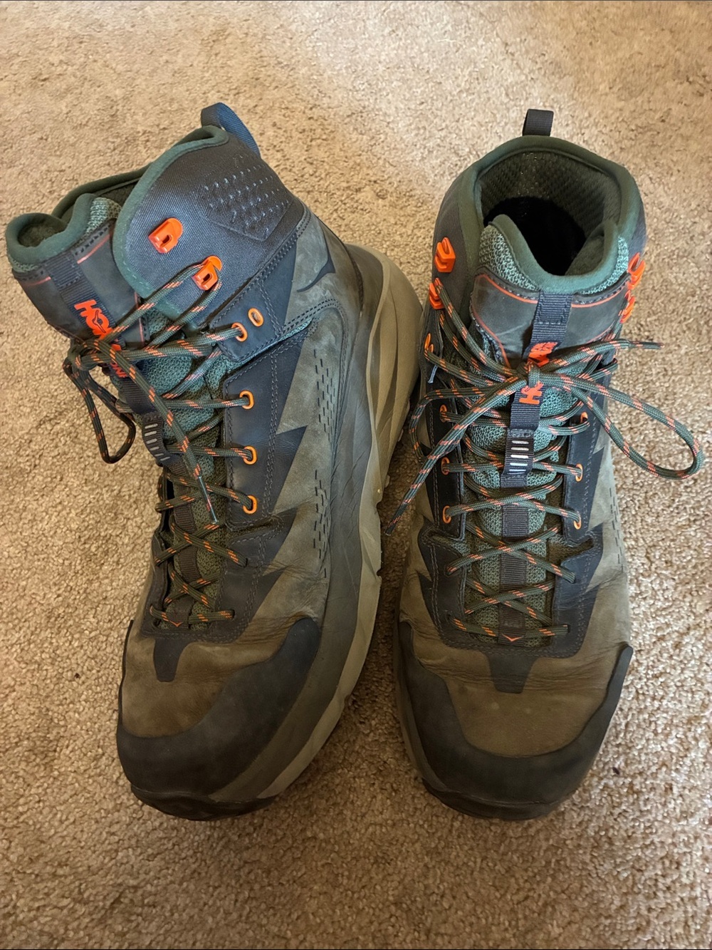 Hoka One One Kaha GTX Black Olive Green Orange Hiking Boots size 12.5